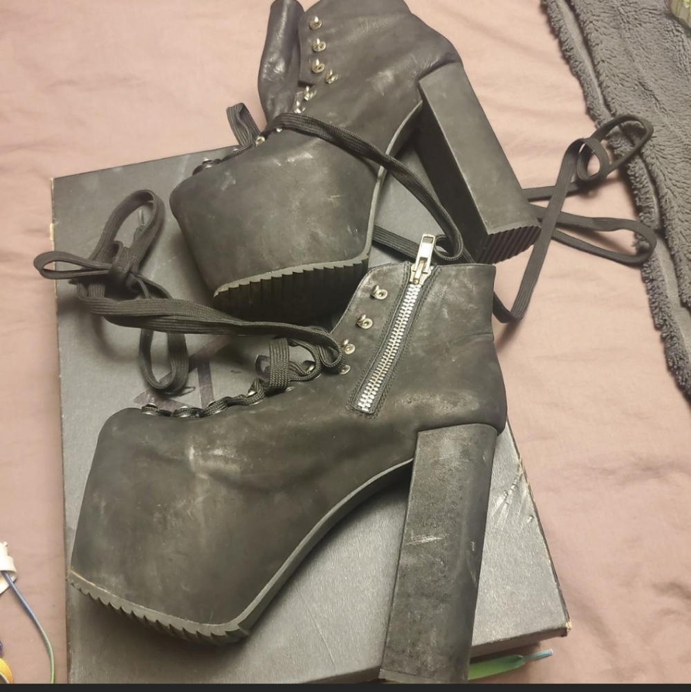 Well Worn Goth UNIF Hellbound Leather Heel Lace Up Black Platform Ankle Boots